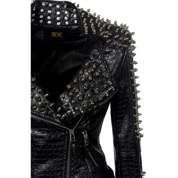 Women's Punk Faux Leather PU Black Jacket Studded Rivet Fashion Streetwear Coat - Picture 4 of 7